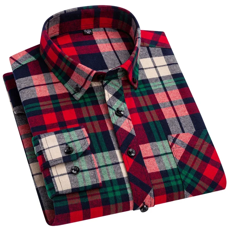 Cotton Brushed Plaid Long-sleeved DressShirt Business Casual Cotton