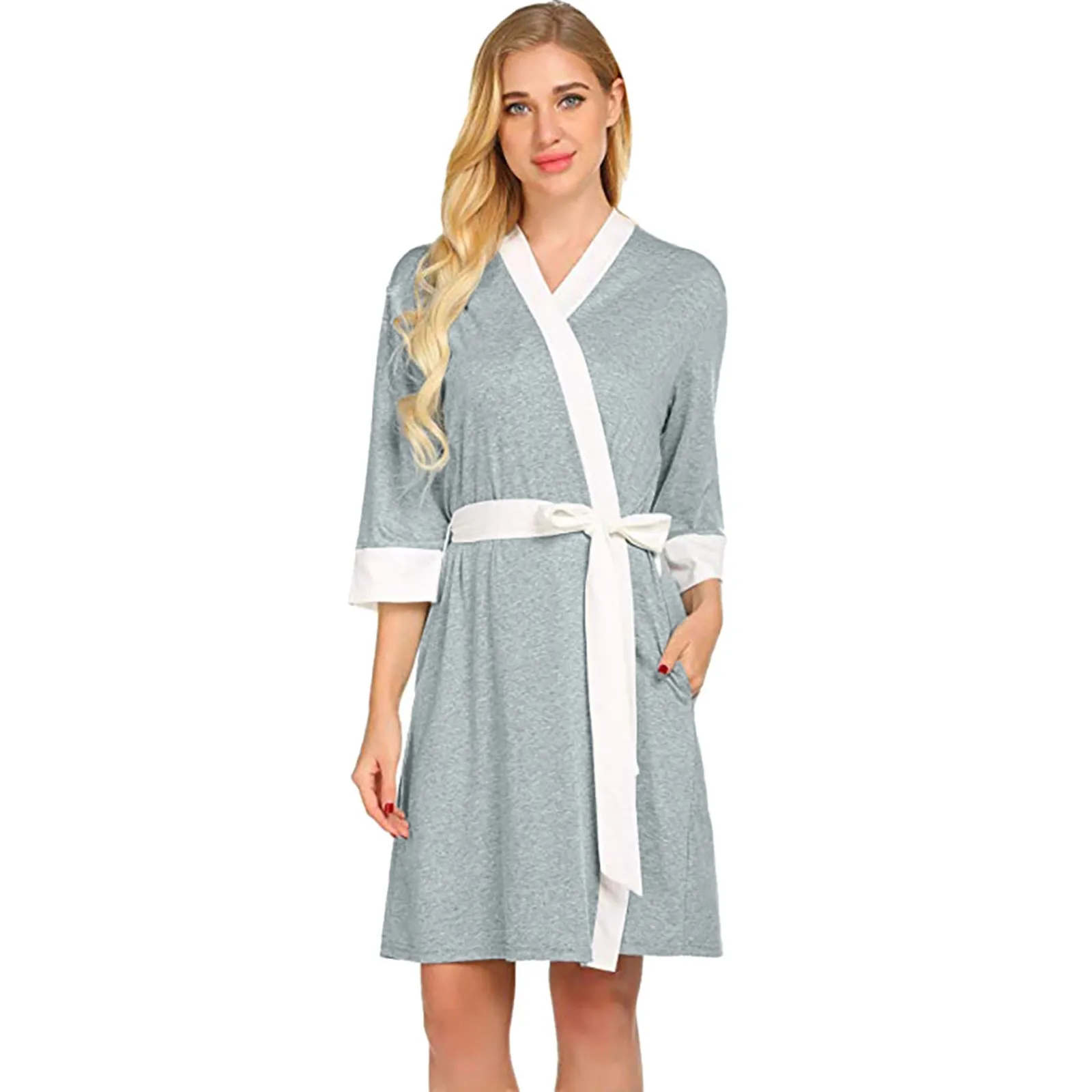 Women's Bathrobe Maternity Robe Nightgown Postpartum Home Nursing Dress Feeding Pajamas For Pregnant Belted Kimono Sleepwear