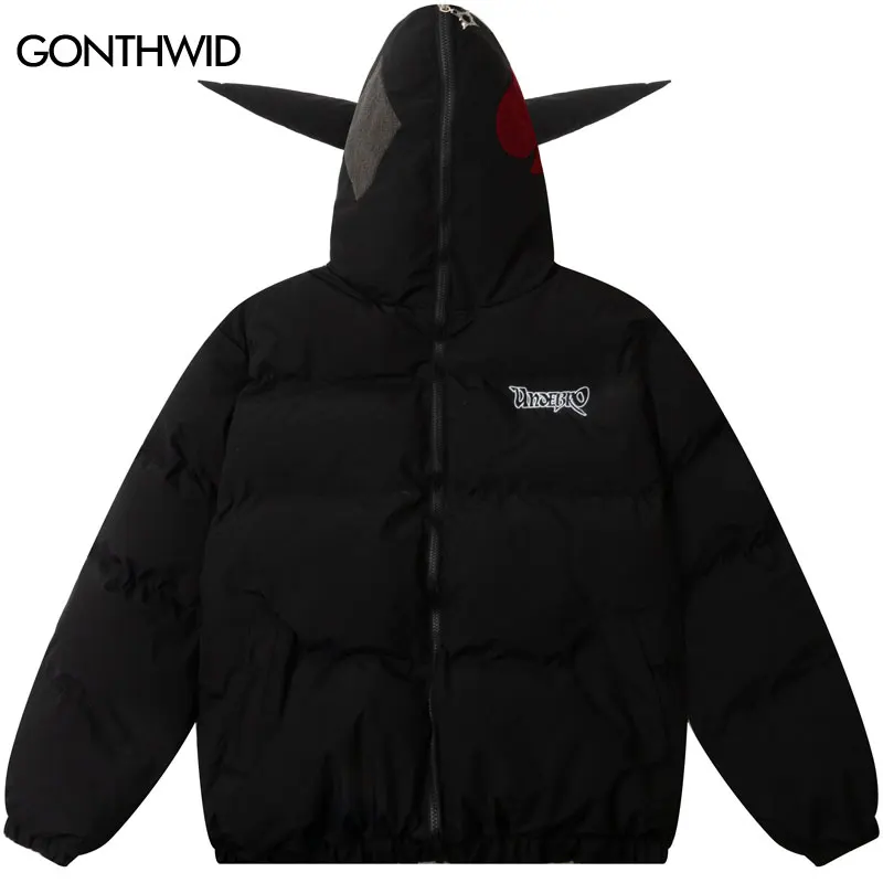 

Hip Hop Devil Horns Jacket Padded Parkas Streetwear Embroidery Full Zip Up Thick Warm Bubble Parka 2023 Men Loose Puffer Coats