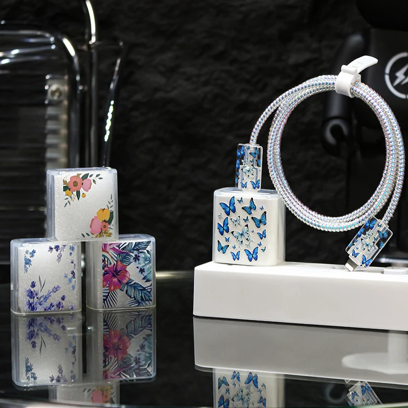 Ins Cute Flower Butterfly Charger Protector Per Apple 18W/20W Charger Cable Organizer Morsi Wrap Anti-Bite Line Cord Clear Cover