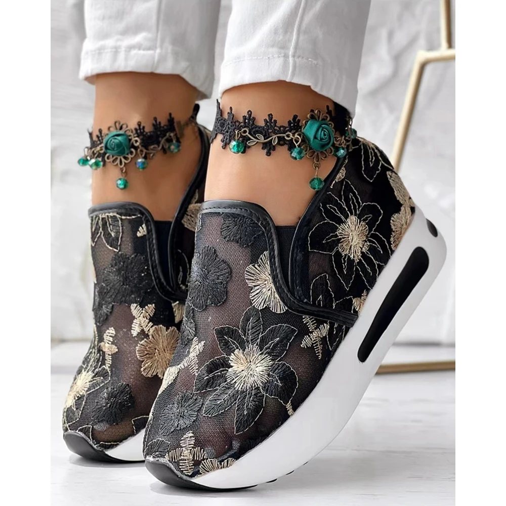 Women Going Out Floral Pattern Round Toe Mesh Sneakers Spring Fashion Casual Round Toe Platform Slip-on Shoes Flats Canvas