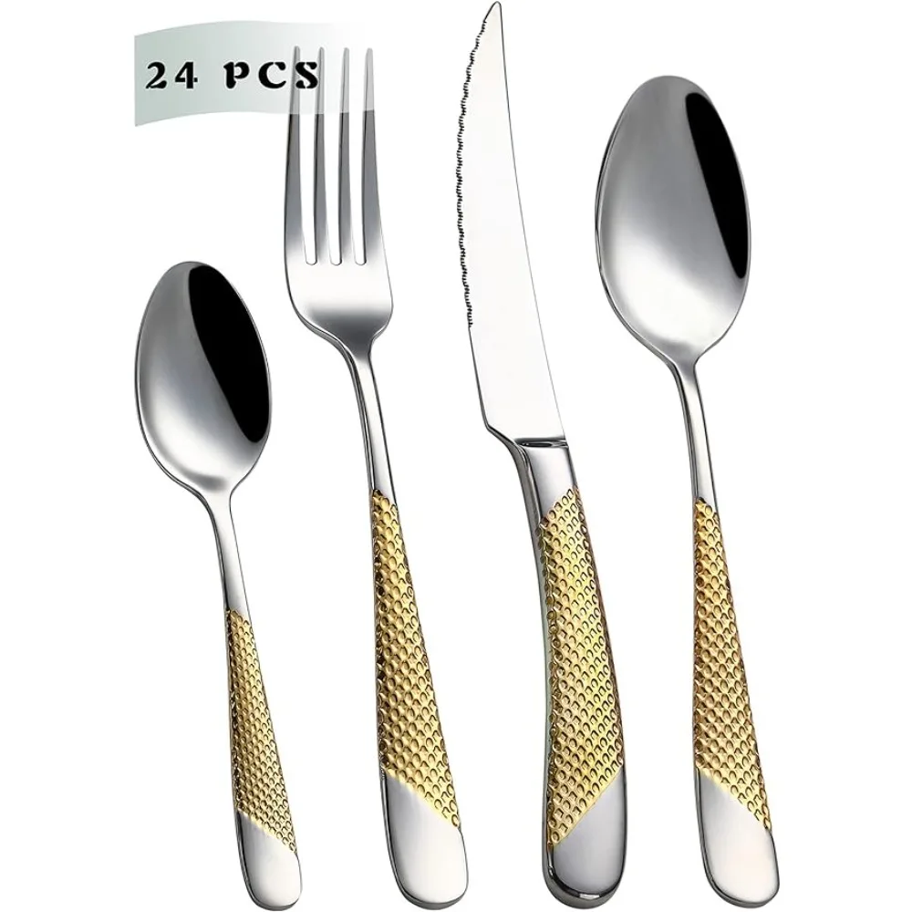

VANDBAO Flatware Cutlery Silverware Set 24 Pieces, Gilding 18/10 6, Reusable, Mirror Polished, Dishwasher Safe
