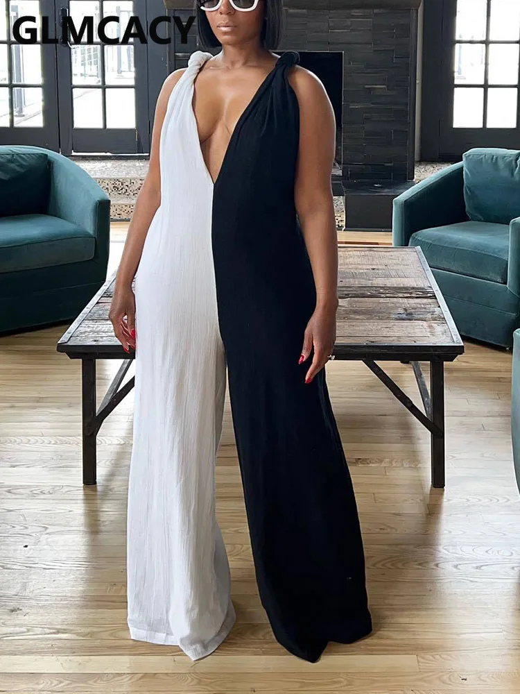

Women Colorblock Plunge Jumpsuit Loose Wide Leg Overalls