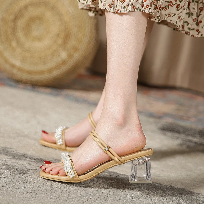 

Block Heel Mules Shoes Women Sandals Elegant Fashion Pearl Beaded Transparent Sandal Summer Womens Glass Shoes Woman Slippers