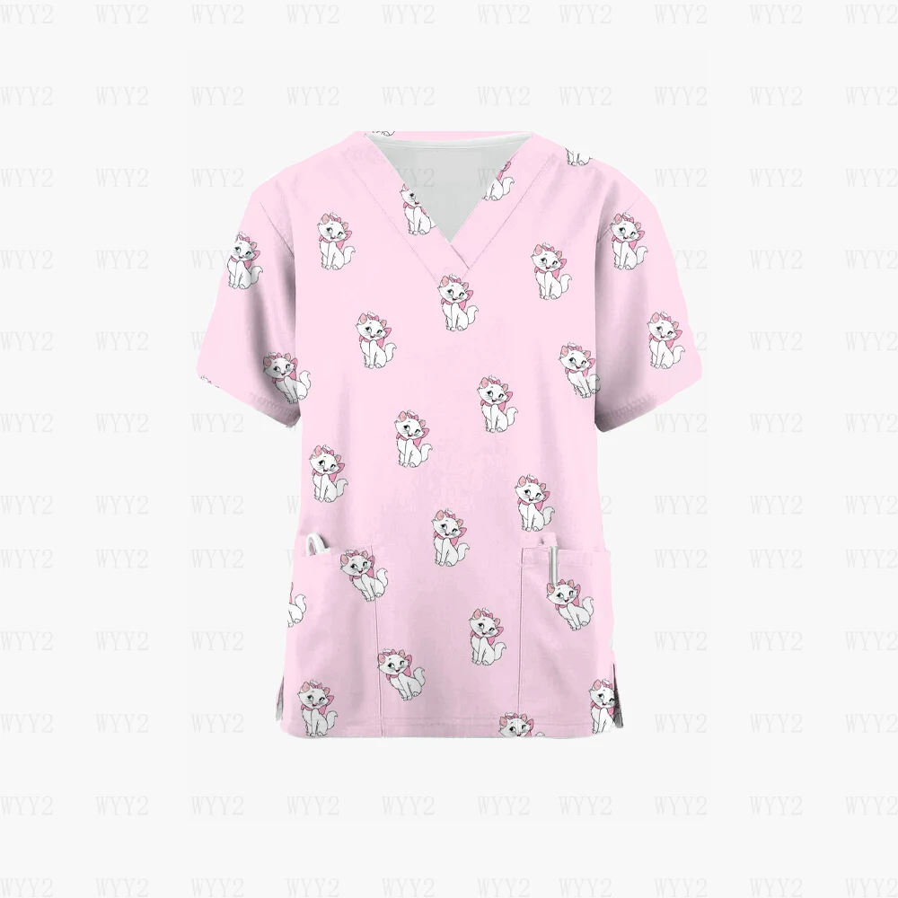 

Women's Work Uniform Animal Print Disney Marie Short Sleeve V Neck Top Women's Pullover Nurse Coverall Medical Uniform