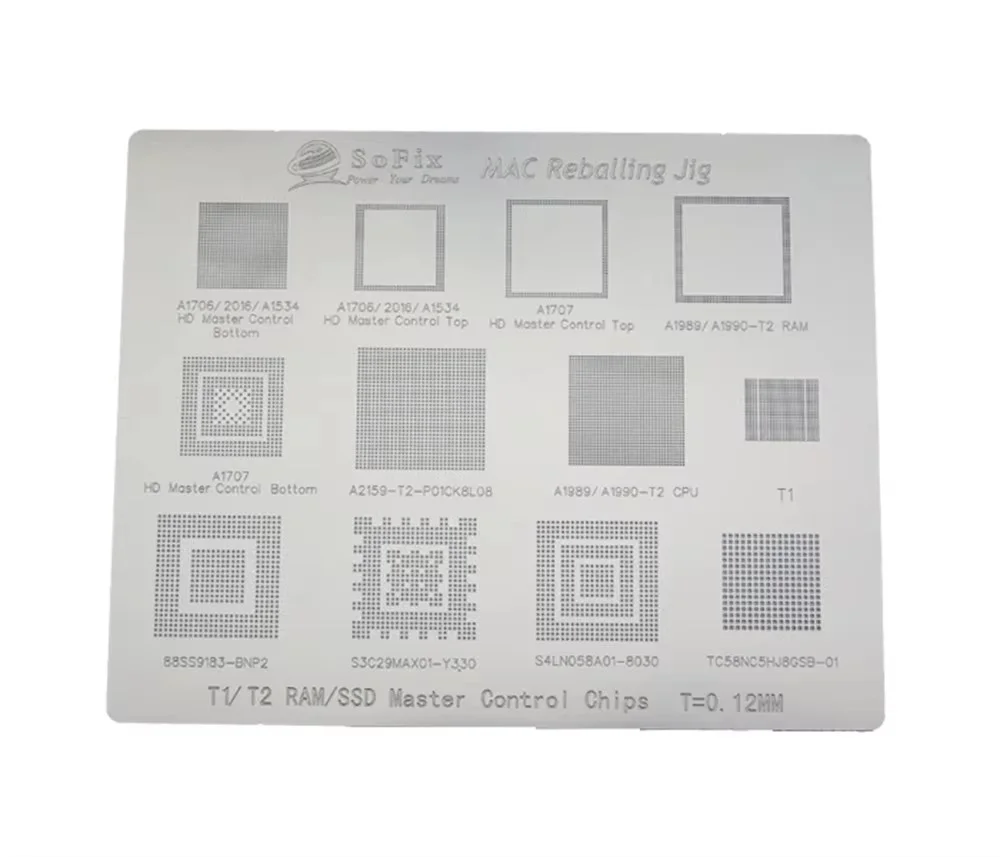 Sofix 로직 보드 BGA 칩 스텐실 (맥북 2016-2022 WIFI T1 T2 M1 M2 PMU SMC 리볼링 통합 주석 네트 수리 도구)