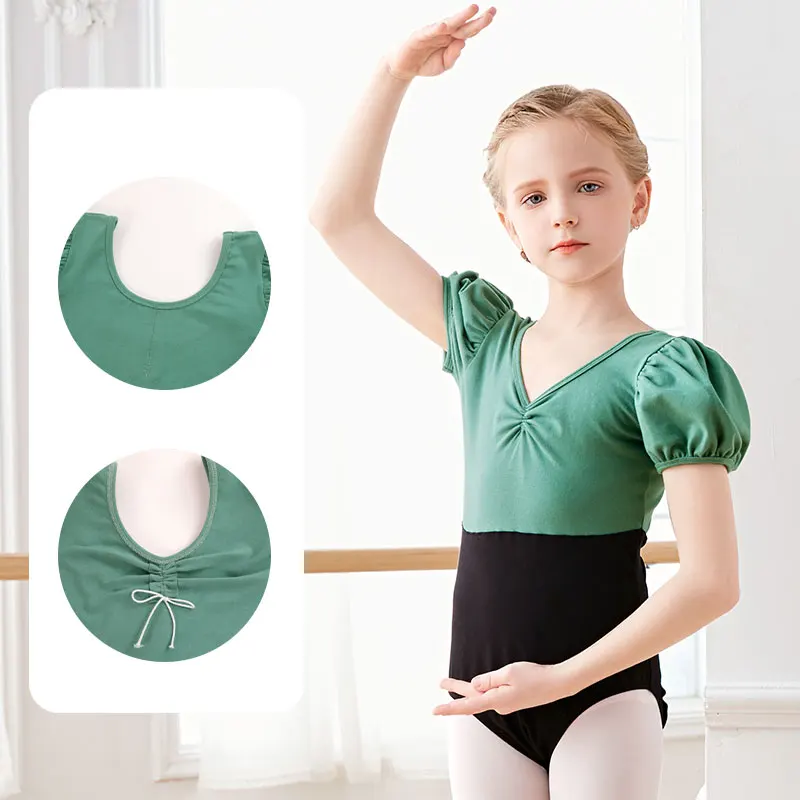 Girls Ballet Leotards Puff Sleeves Cotton Splice Gymnastics Leotard Dancing Bodysuit Dance Leotard Dancewear Kids Dance Costumes