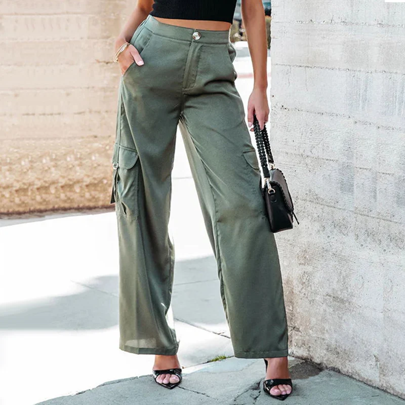 

Army Green Pants Women Spring Summer High Waist Wide Leg Trousers 2023 Fashion Big Pocket Straight Cargo Pants Pantalones Mujer
