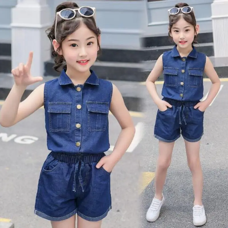 Girls Clothing Sets Summer Fashion Lapel Sleeveless Tops and Shorts Sets Teen Kids Clothes Suit Children Denim Girls Tracksuit
