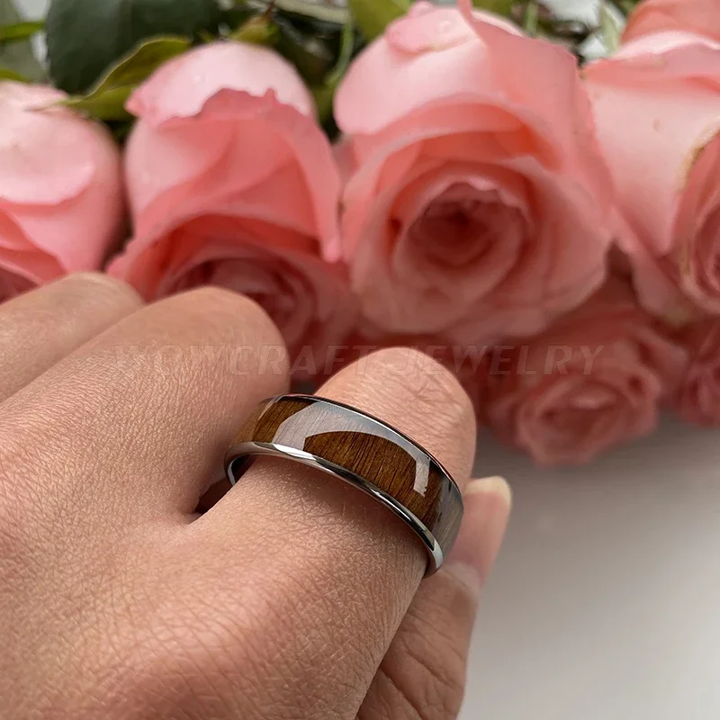 Nature Wood Inlay Tungsten Carbide Ring for Men Wedding Band Polished Shiny Comfort Fit