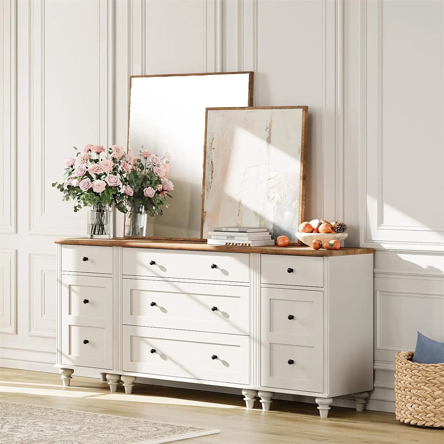 

Dresser for Bedroom with 5 Drawers and 2 Storage Cabinet, Nightstands with Charging Station for Living Room, Kids Dressers