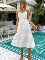 Cotton White V-neck suspender women dress Summer Solid high waist ruffled dresses Elegant lace-up button dress