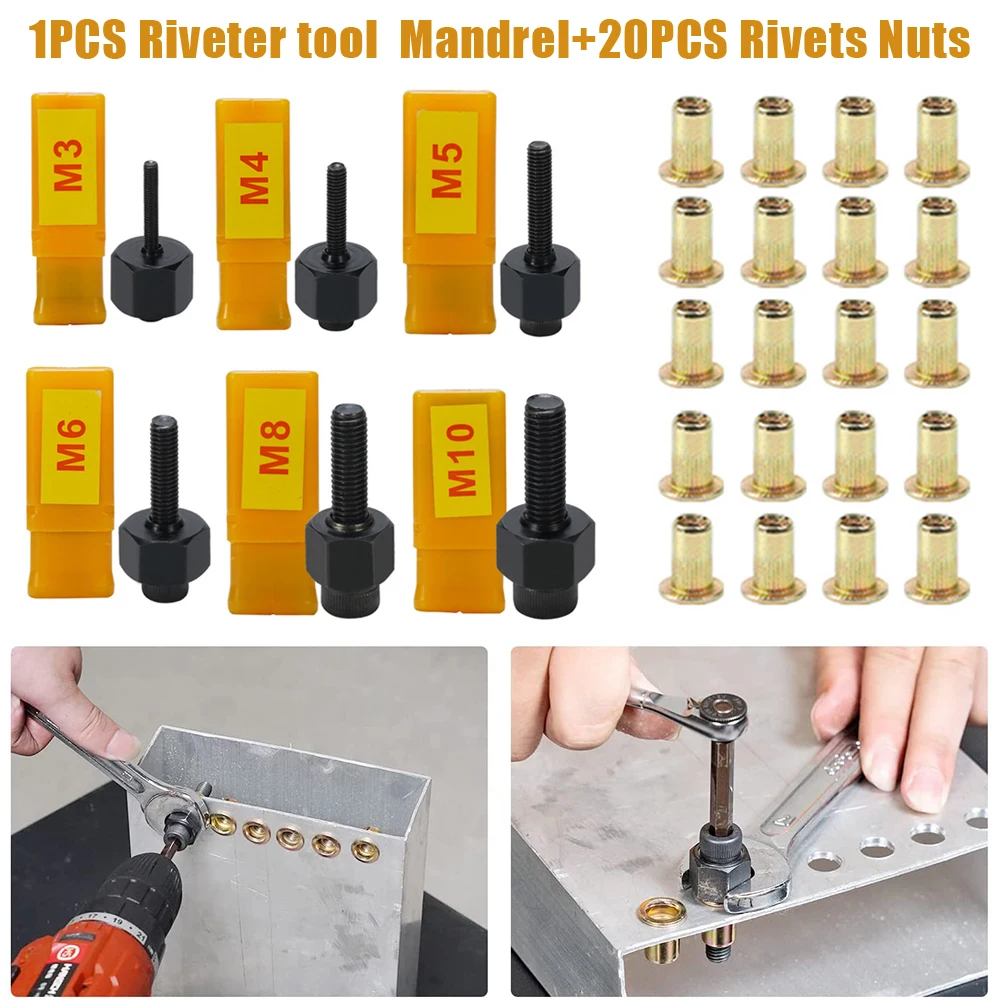 

21PCS/set Hand Rivet Nut Tool Set Head Nuts Manual Riveter Riv Nut Tool With Iron Galvanized Nuts Replace For M3 M4 M5 M6 M8 M10