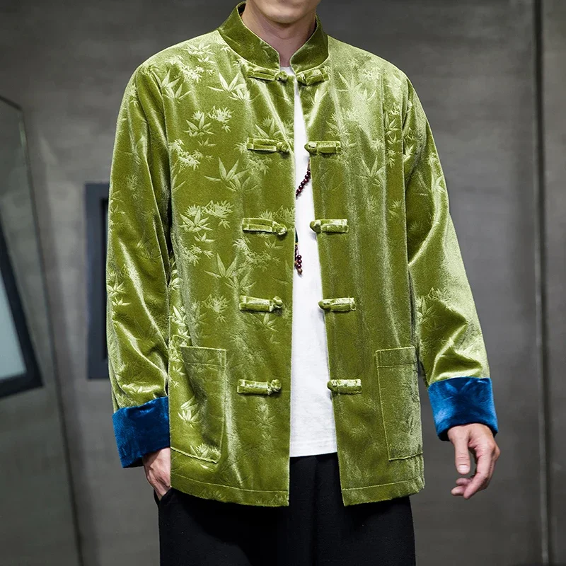 

Mens Autumn Winter Chinese Tang Suit Men's Chinese Style Lisle Velvet Long-sleeved Jacket Retro Hanfu Loose Large Size Jacket