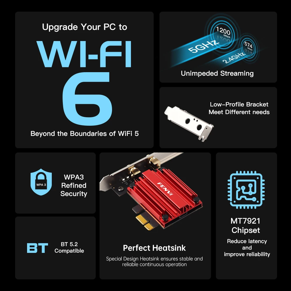 FENVI AX1800 WiFi 6 PCI-E 무선 어댑터 BT 5.2 1800Mbps 듀얼 밴드 5Ghz/2.4Ghz 802.11AX MT7921 네트워크 Wi-Fi 6 카드 윈도우 10/11