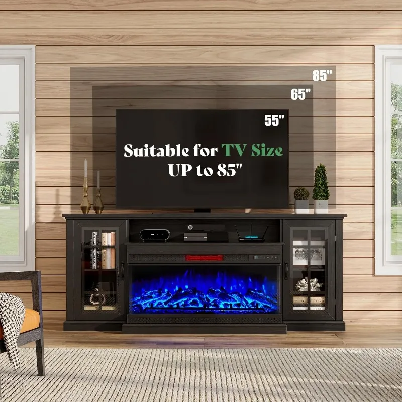Glass Fireplace TV Stand for TVs up to 65'' with 12 Color,Media Entertainment Center Console Table with Doors Closed Storage 6