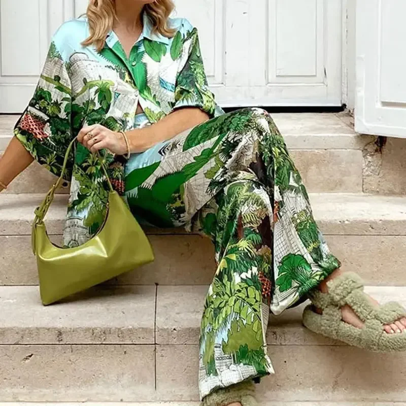 2024 New Summer  Women's Printed Short-Sleeve Pants Suit, Summer Long Pants Women's Vacation Beach Leisure Suit