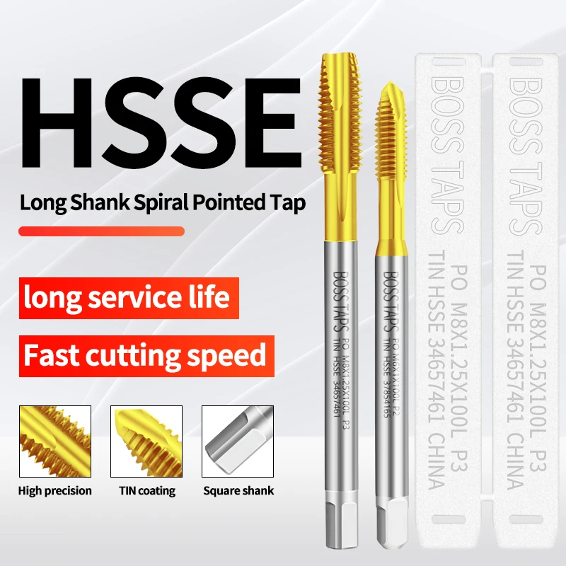 HSSE-M35 JIS Standard Long Shank 80 100 120 150 MM Spiral Pointed Tap M2 M3 M4 M5 M6 M8 M10 Machine