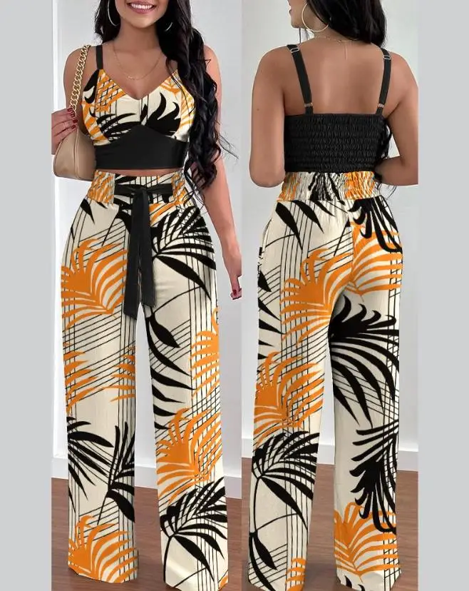 Two Peice Set Women Sets Elegant Tropical Print Shirred Crop Top High Waist Pants Set 2022 Summer Vacation Casual New Fashion