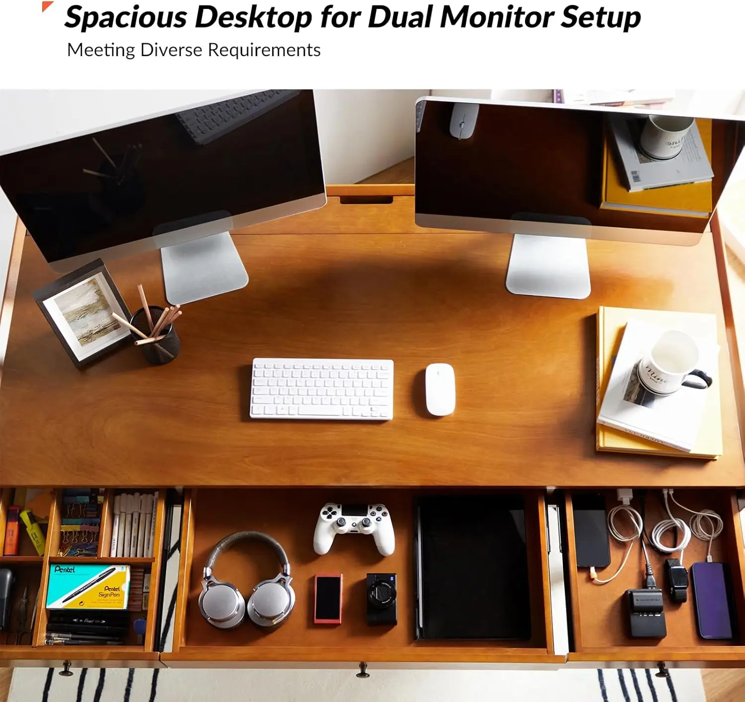 Hulala Home Home Office Desk With 3 Drawers & Solid Wood Legs, Writing Table With Charging Station & Cable Management, Mid