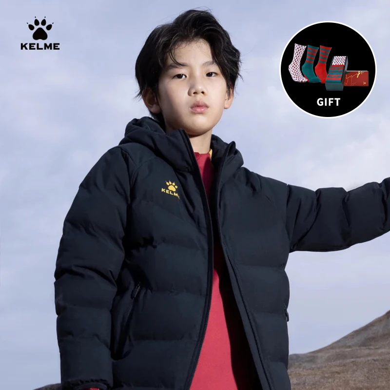 KELME Kids Winter Jacket Soccer Training Windproof Cotton Overwear For Qatar Short Hooded Clothing Sport Warm Coat jackets