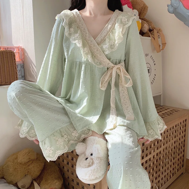 Ling Girl's 100% Pure Cotton Princess style Summer Long Sleeve & Pants V-Neck 2 Pcs Homewear Lace Pajamas for Women Home Set