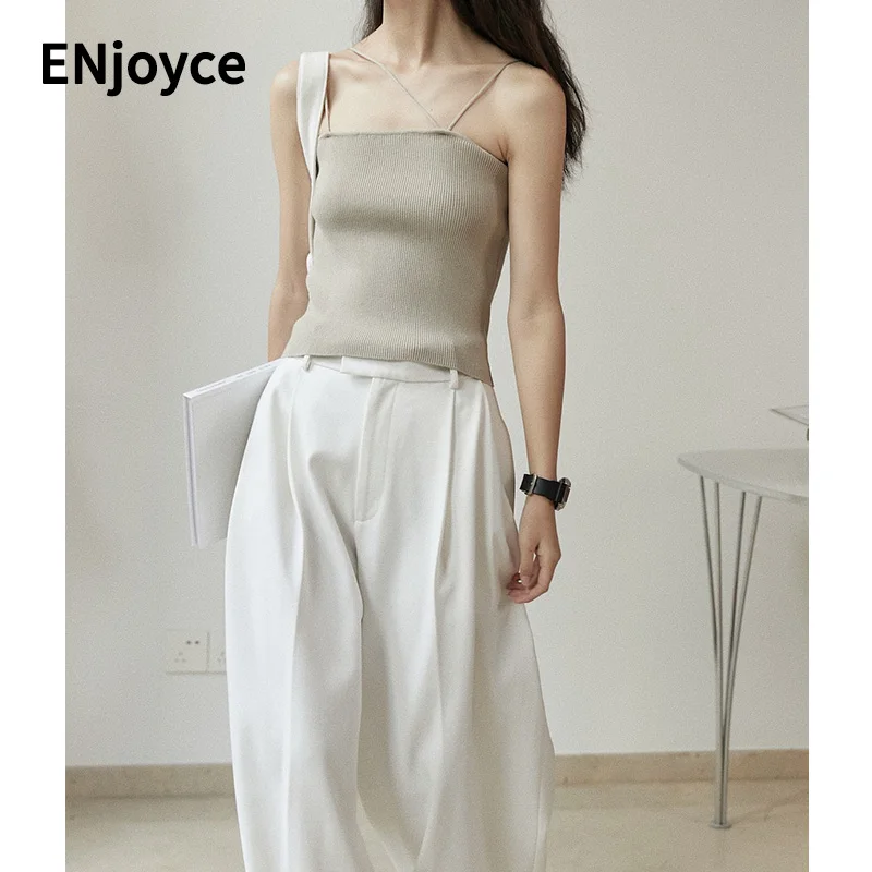 

Korean Street Style Simple Cross-shoulder Straps Knitted Strap Camisole Women Vest Slim Knitwear Sling Tank Camis Cropped Tops