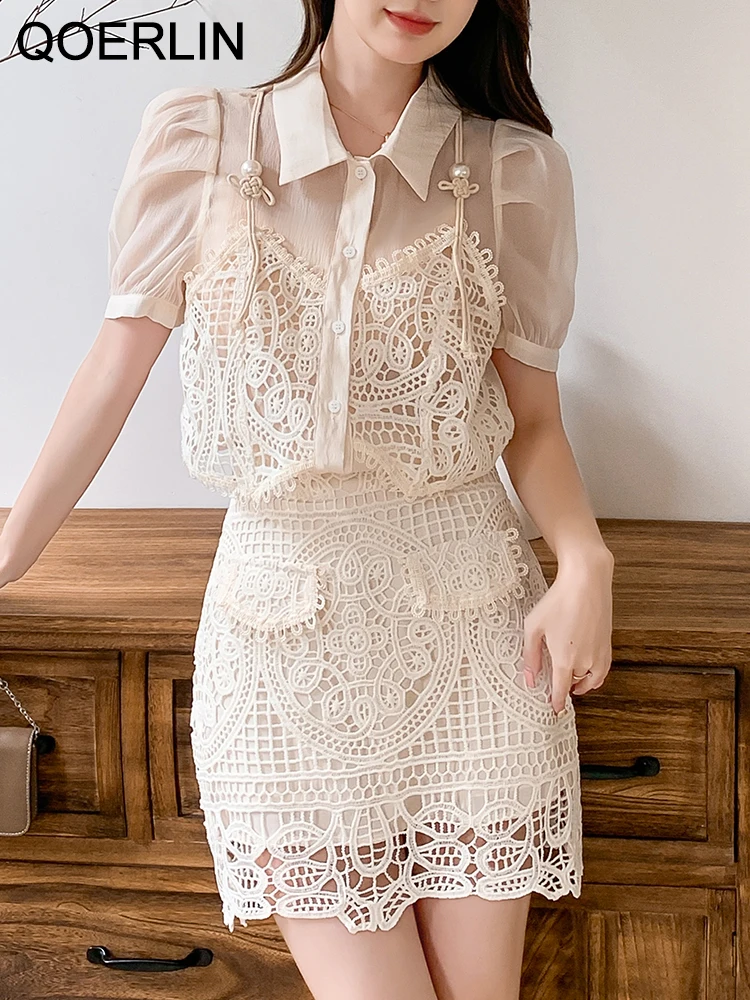 QOERLIN Two Piece Lace Hollow Out Skirts Sets Short Sleeve Mesh Blouse Summer 2 Piece Short Mini Skirt Sexy Loose Casual Suits