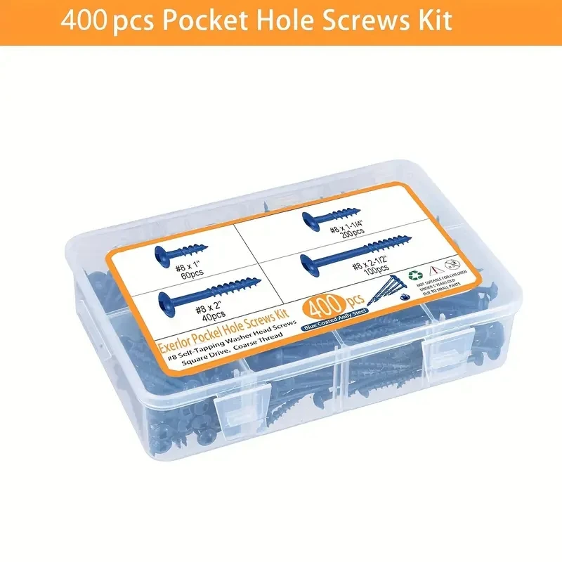 400-piece pocket hole Screw set with drill-4 sizes #8, coarse threaded wood screws for treated wood, blue rust resistant coati