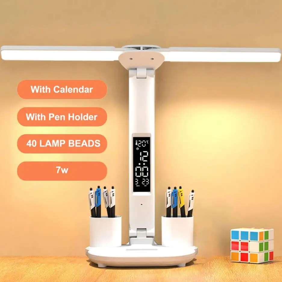 LED Desk Lamp,Multifunction Table Lamp with Calendar USB Touch Night Light with Pen Holder for Bedroom Reading Lamp de chevet