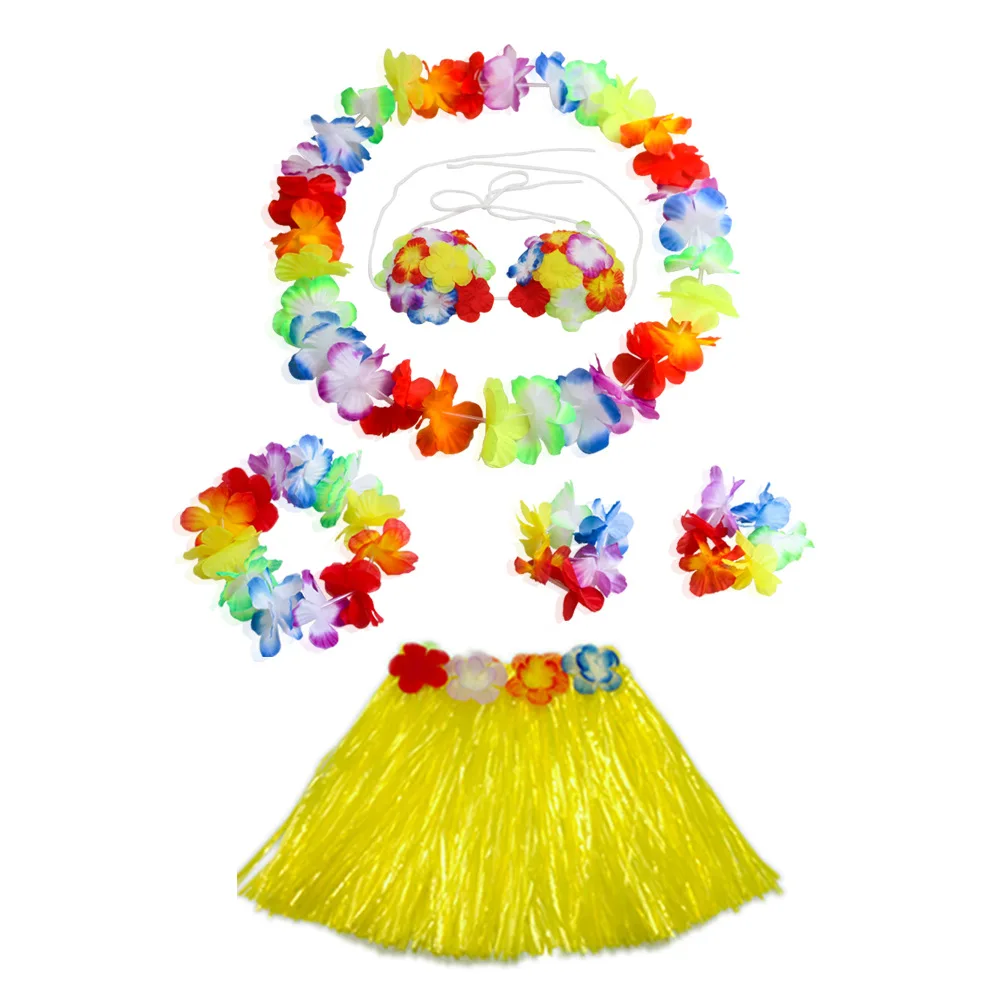 Hawaiian Dance Child Skirt Costume Leis Elastic Luau Grass Hawaiian Flower Bracelets Headband Necklace 40cm 5pcs 6Pcs