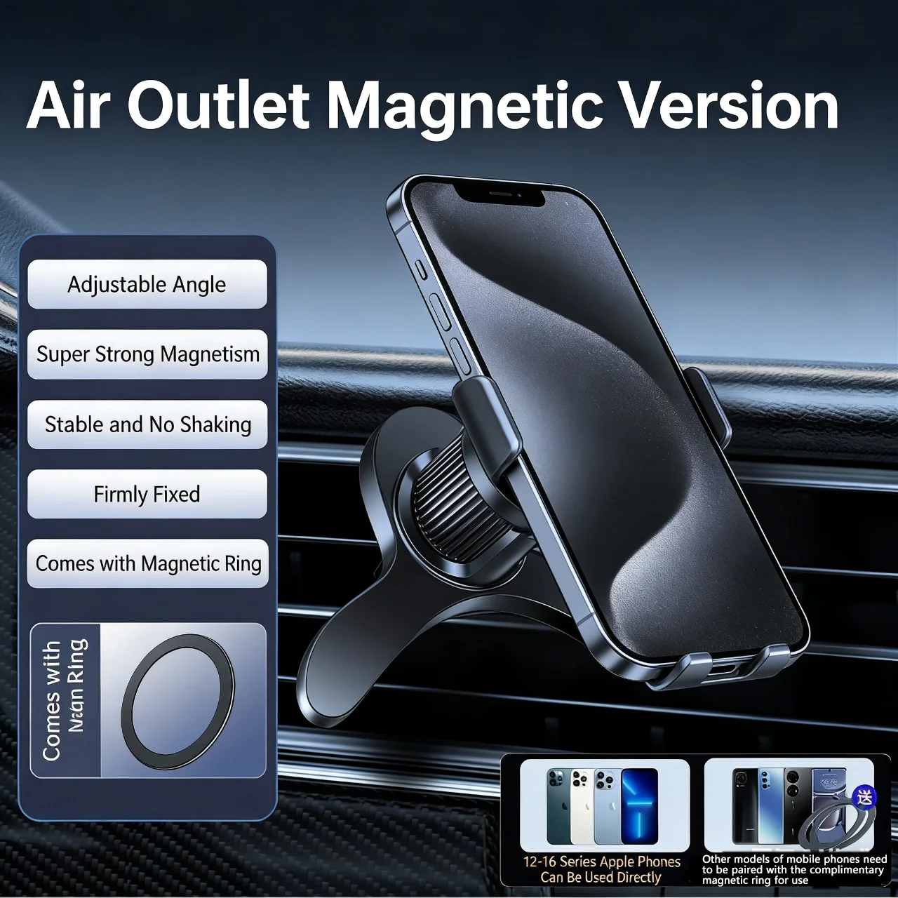 MagSafe Car Mount with 360° Rotation and Magnetic Ring - 17 N52 Magnets Air Vent Phone Holder