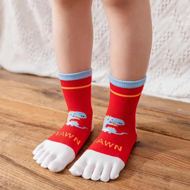 5 Pairs Cute Kids Cartoon Socks with Toes Pure Cotton Dinosaur Pattern 5 Finger Socks Infants Baby Boy Girl Correction Toe Socks