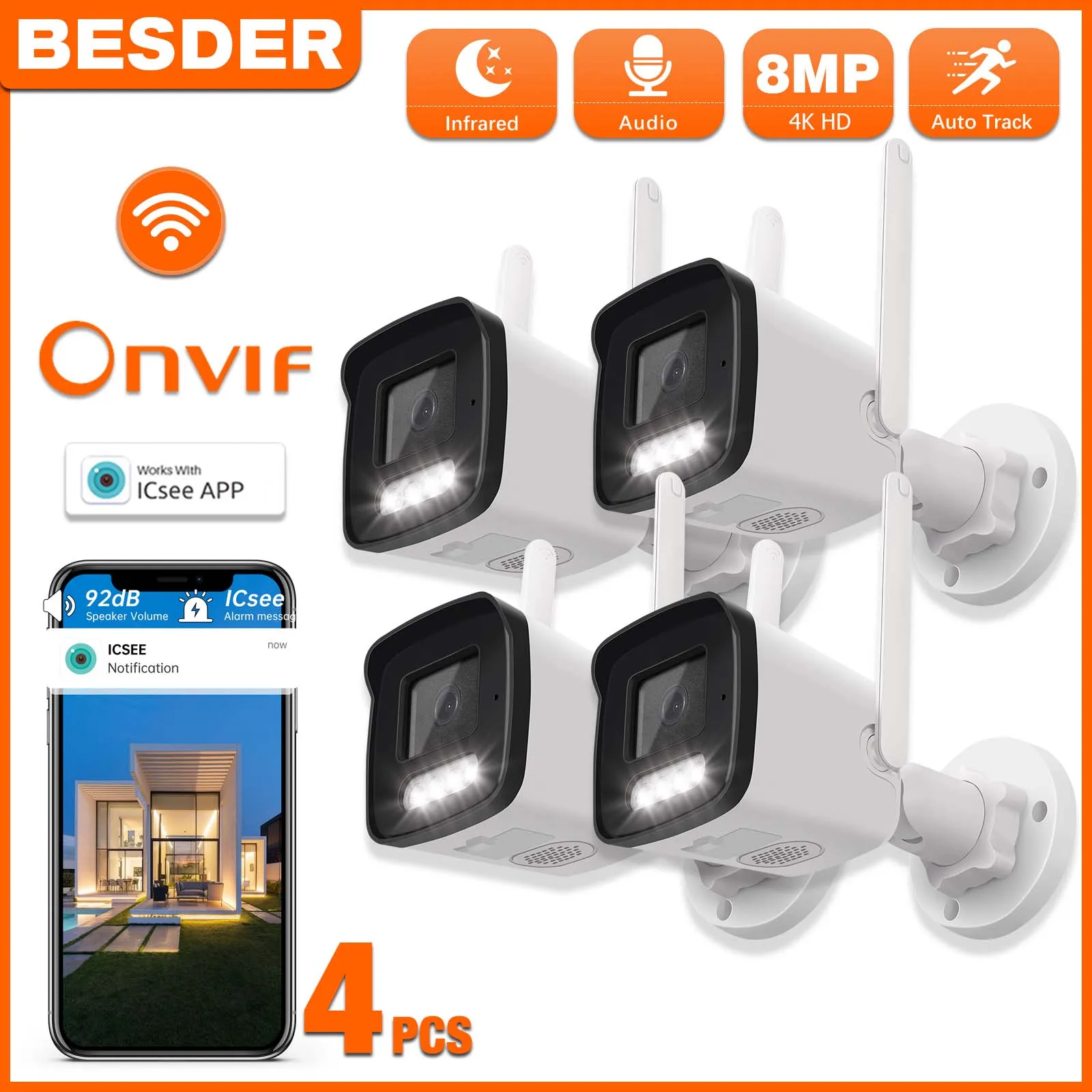 BESDER 8MP Audio IP Camera Wifi Wireless AI Human Detect iCSee 2K CCTV Bullet Outdoor Surveillance Camera Security Protection