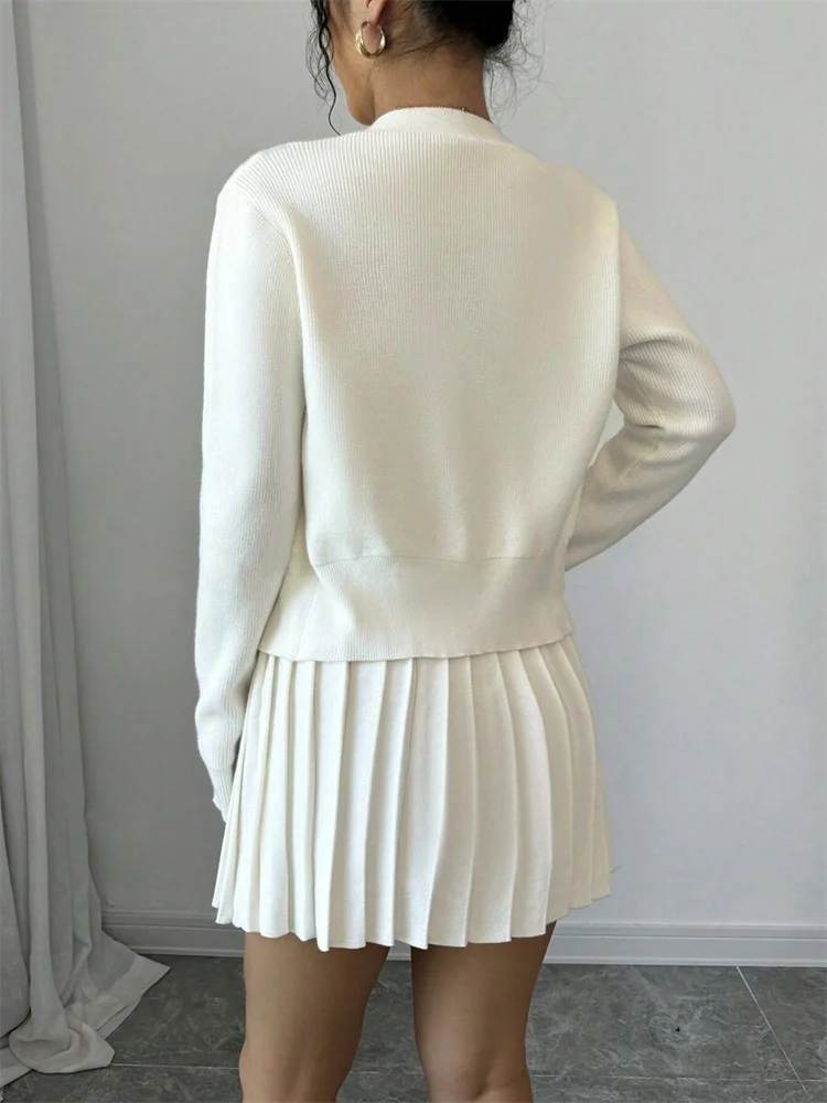 Vintage Female Knit 2 Piece-Set Pleated Skirts Casual Ribbed Cardigan Sweater And Skirt Sets Female Knitwear Outfits