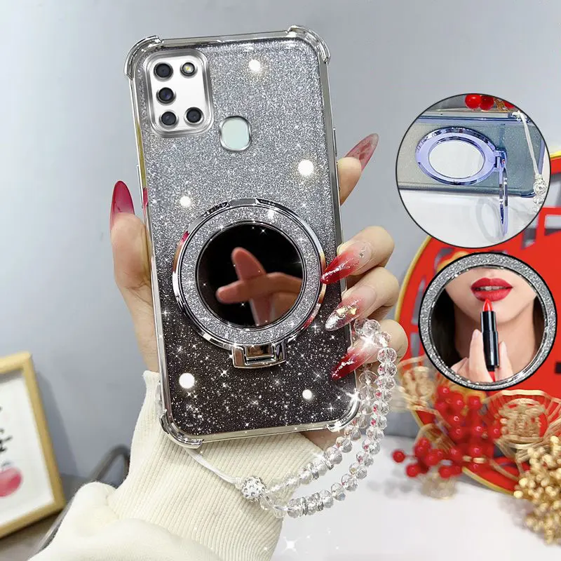 Glitter Four-Corner Shockproof Phone Case with Mirror Stand and Beaded Strap
