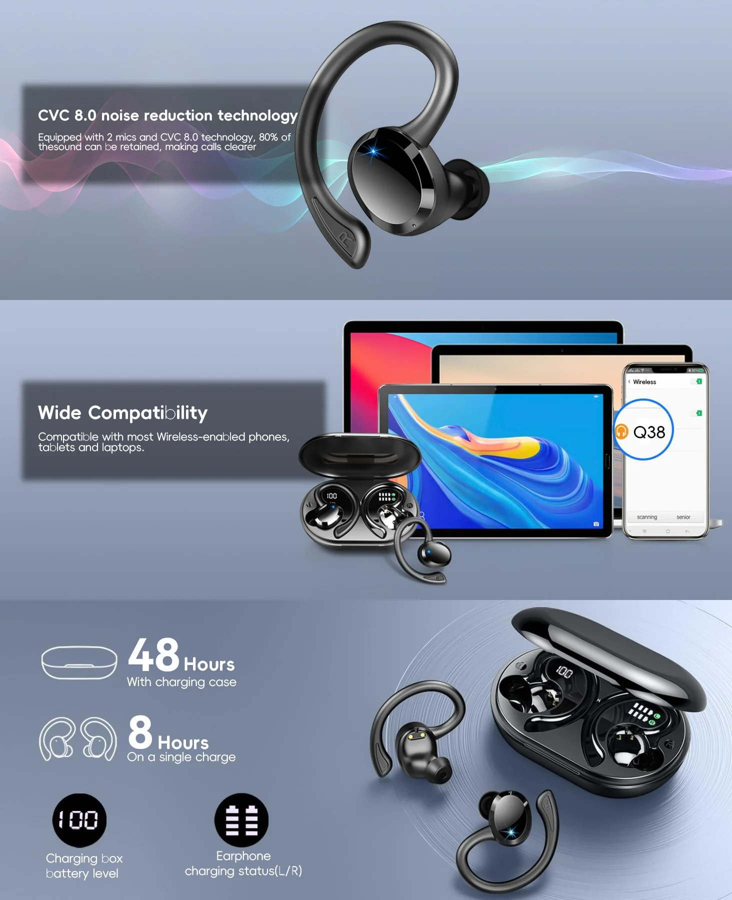 Cross-border foreign trade new Q38 ear mounted wireless smart 5.2 Bluetooth head