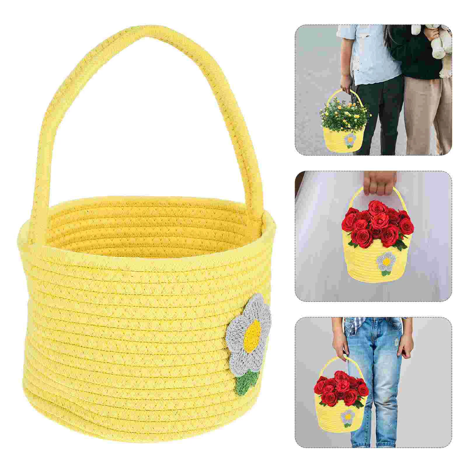 

Girls' Portable Flower Basket Storage Small Woven Hand-made Hand-woven Party Favors Cotton Rope with Handle for Baby