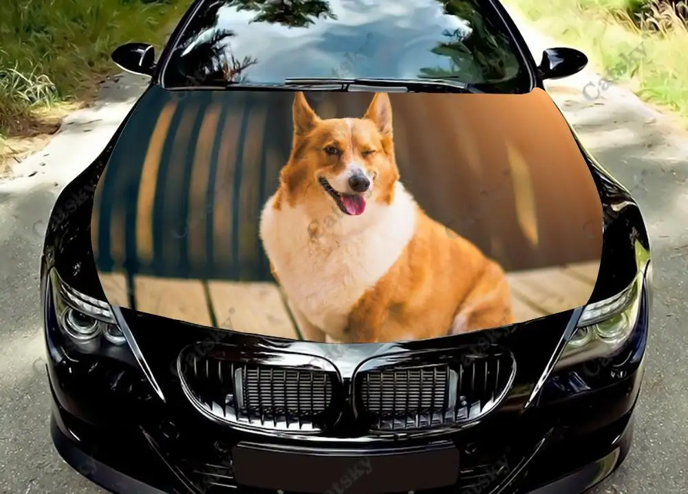 

Виниловые наклейки на капот автомобиля с собакой уэллисом корги, виниловая пленка, наклейки на крышку двигателя, универсальная защитная пленка на капот автомобиля