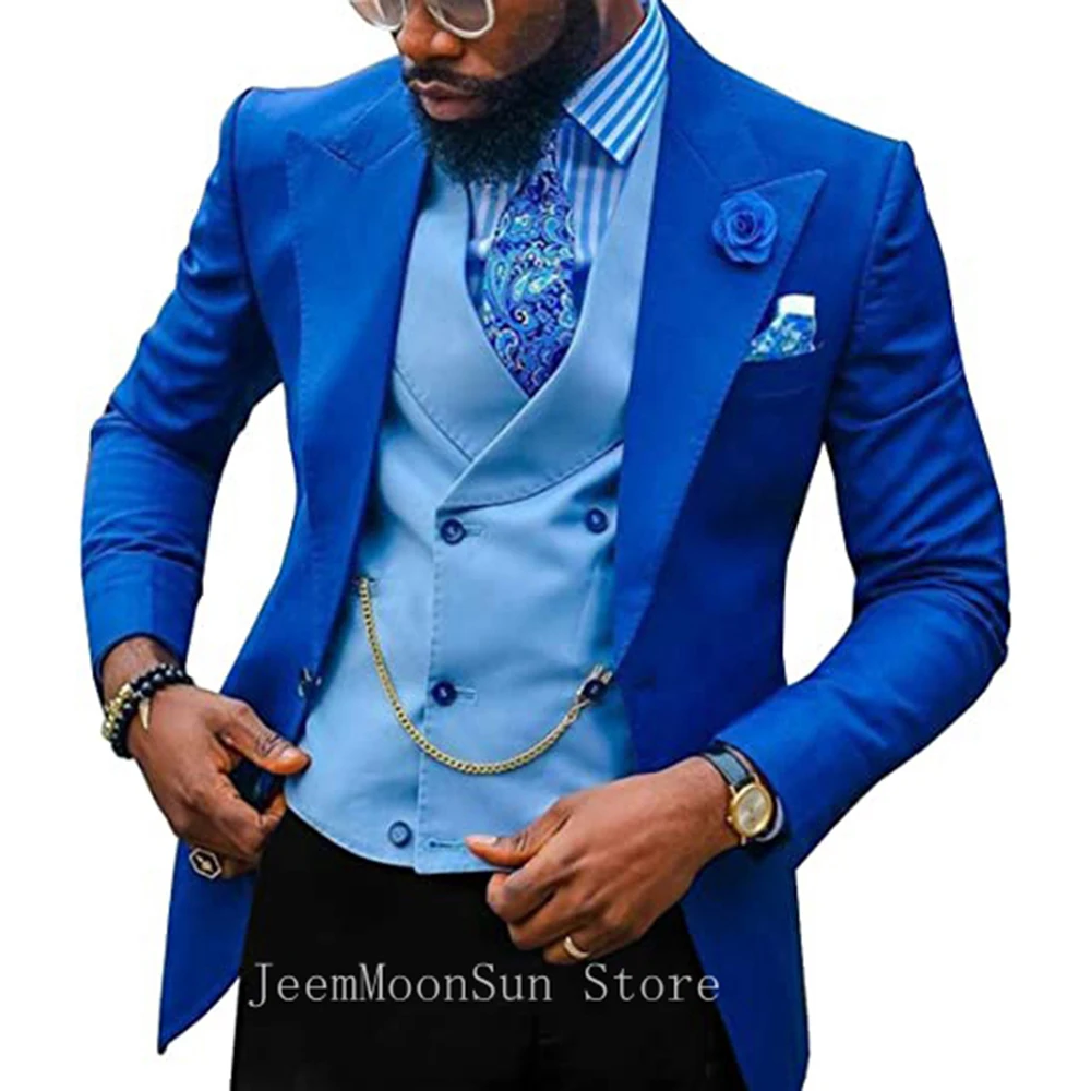 

2023 New Fashion Royal Blue Suits For Men Peak Lapel Two Buttons 3 Pieces Male Suit Groom Tuxedo Blazer+Vest+Pants Costume Homme