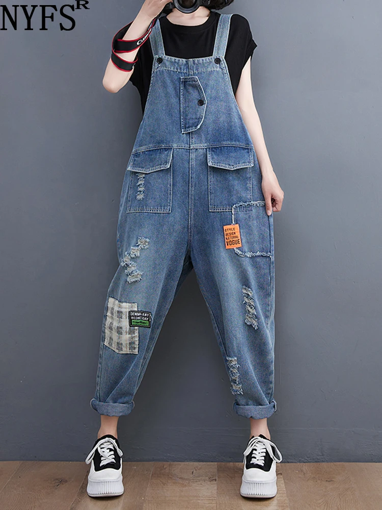 

NYFS 2023 Summer New Vintage Women Suspenders Jumpsuit Trousers Female High Waist Loose Plus Size Print Denim Overalls