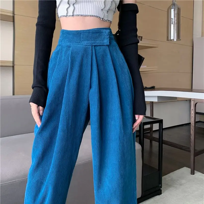 

Corduroy pants women autumn and winter new small Velcro high-waist wide-leg pants loose solid casual straight leg mop pants