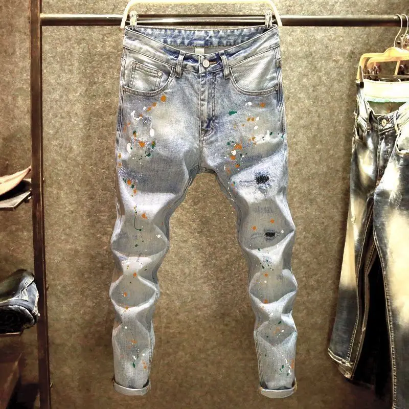 Kpop Korean Style Men's men jeans ripped jeans Designer Clothes Washed Paint Splatter Ripped Distressed Cotton Trousers
