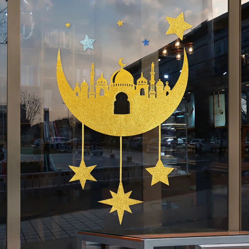 Eid Mubarak Window Stickers Ramadan Kareem Decoration Cartoon Moon Castle Stars Wall Decal Islam Muslim Festival Party Supplies