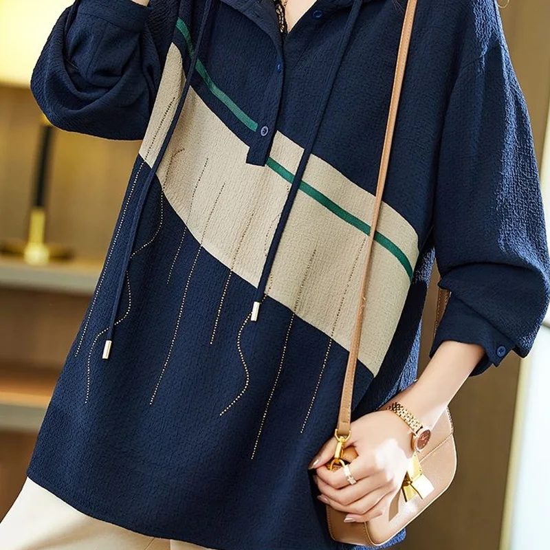 2023 Spring Autumn New V-neck Hooded Long Sleeve Sweatshirts Women Fashion Printing Button Drawstring All-match Pullovers