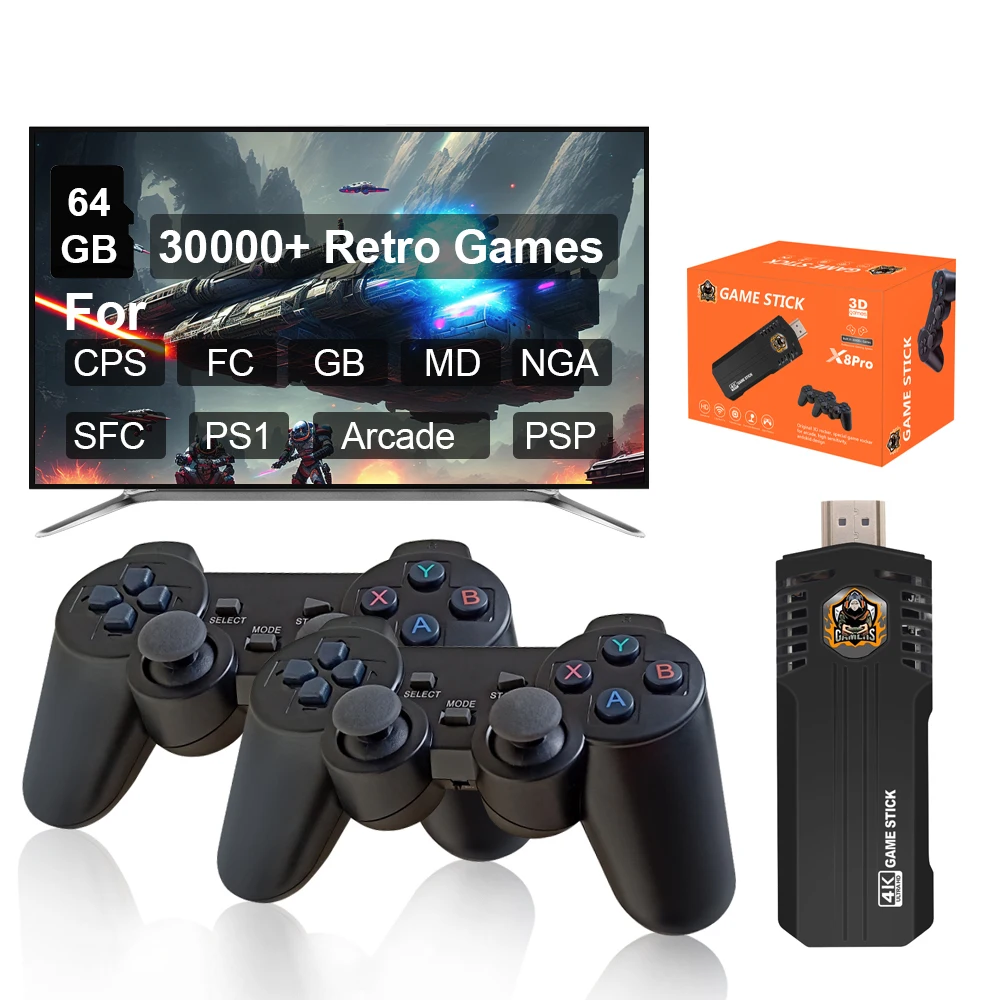 Alwtniet X8Pro Video Game Console 64G Built-in 30000+ Games 4K HD 2.4G  Wireless Handheld Console Game Stick For PS1GBA Boy Gift - AliExpress