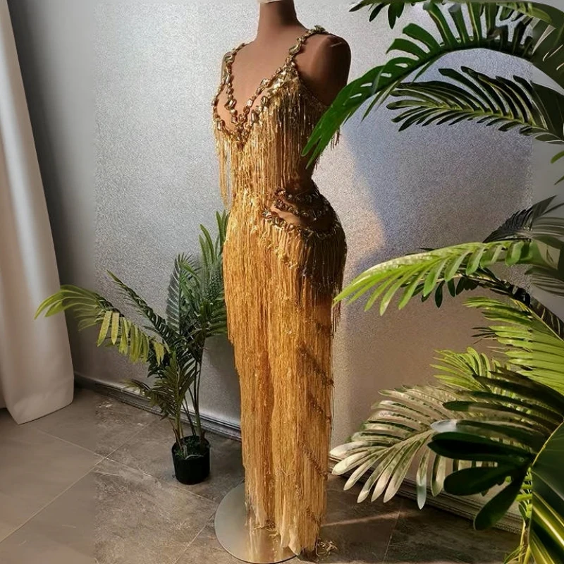 

Golden Color Tassels Diamonds Sexy Deep V-Neck Jumpsuit Celebrate Birthday Evening Party Costume Nightclub Singer Stage Wear