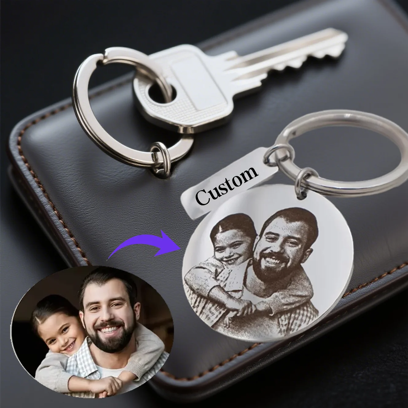 Custom Photo Keychain Engraved Stainless Steel Portrait Key Custom photo KeyRing Round-Shaped Personalized keychain Family