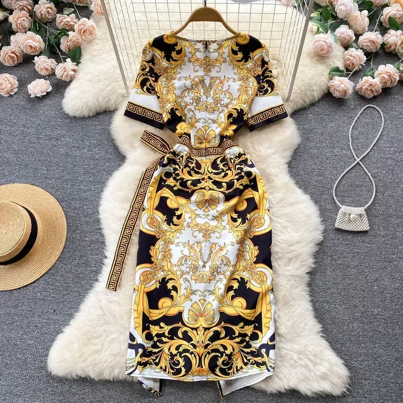Neploe 2025 Summer Court Style Print Vestido Round Neck Long Sleeve Lace Waist Slim Robe High-end Temperament Package Hip Dress 2