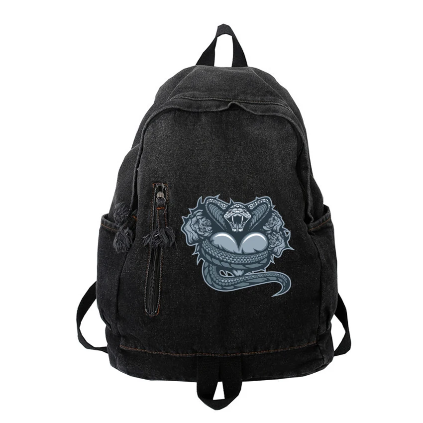 

Women Man Denim Backpack Women's Leisure Travel Outing Bag Female Schoolbags Suitable Boys Girls Unisex Snake Pattern Printed